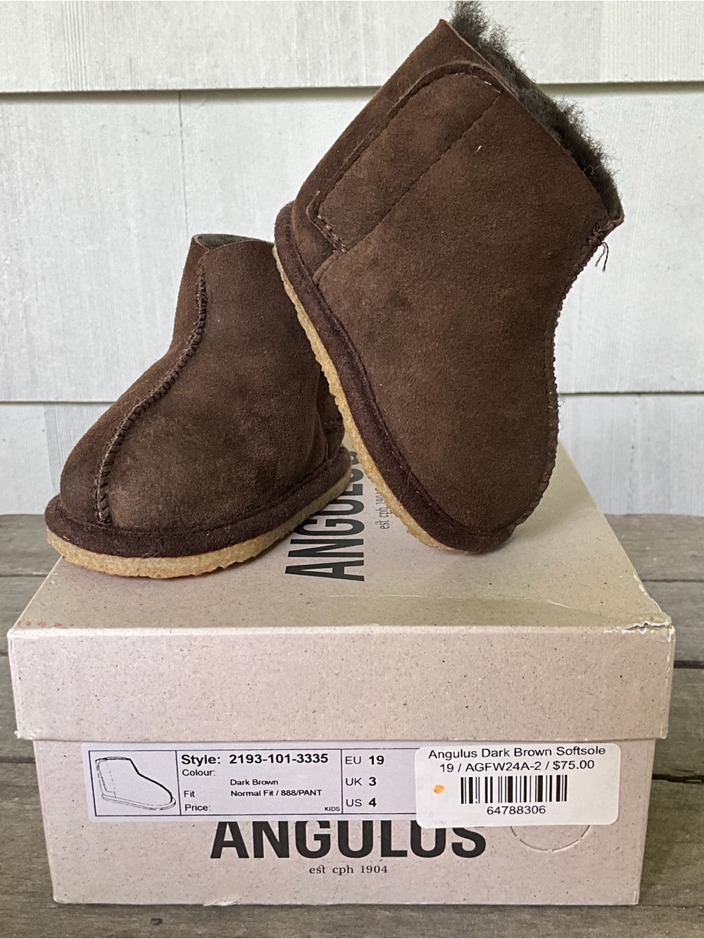 Angulus Dark Brown Crepe Softsole Sheepskin Velcro Boots EU Sz 19 US 4
